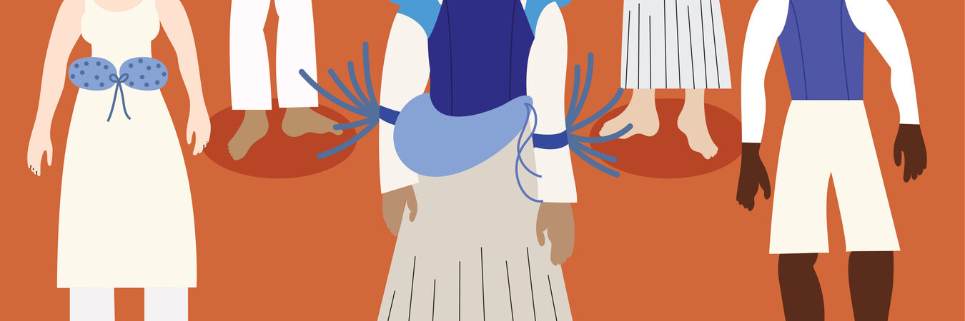 Grande collecte de tissus et matériaux pour la réalisation de costumes | Dessins des costumes de Darius Dolatyari-Dolatdoust pour la création du spectacle Le Livre des processions