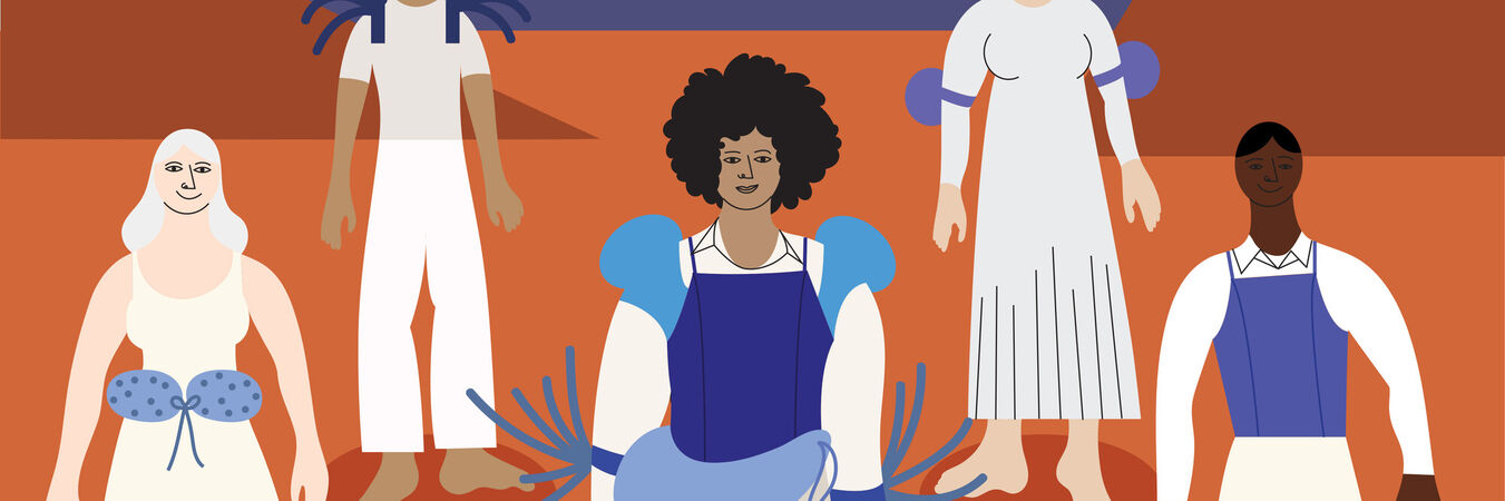 Grande collecte de tissus et matériaux bleus pour la réalisation de costumes | Dessins des costumes de Darius Dolatyari-Dolatdoust pour la création du spectacle Le Livre des processions